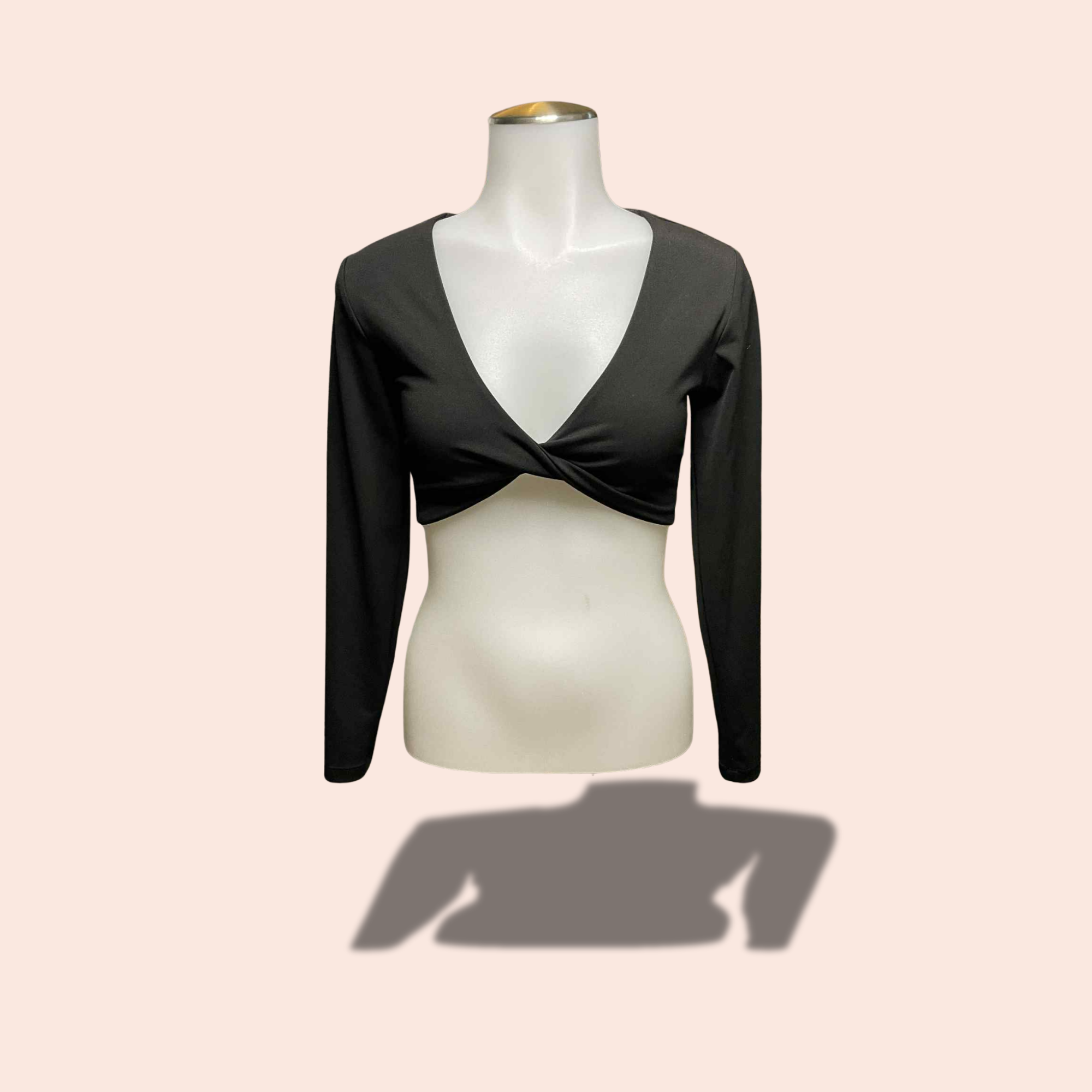 (SIZE LARGE) Black Long-Sleeve Twist Front Crop Top – Pad Compatible