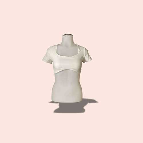 (SIZE L) White Square-Neck Short Sleeve Crop Top – Minimal Chic