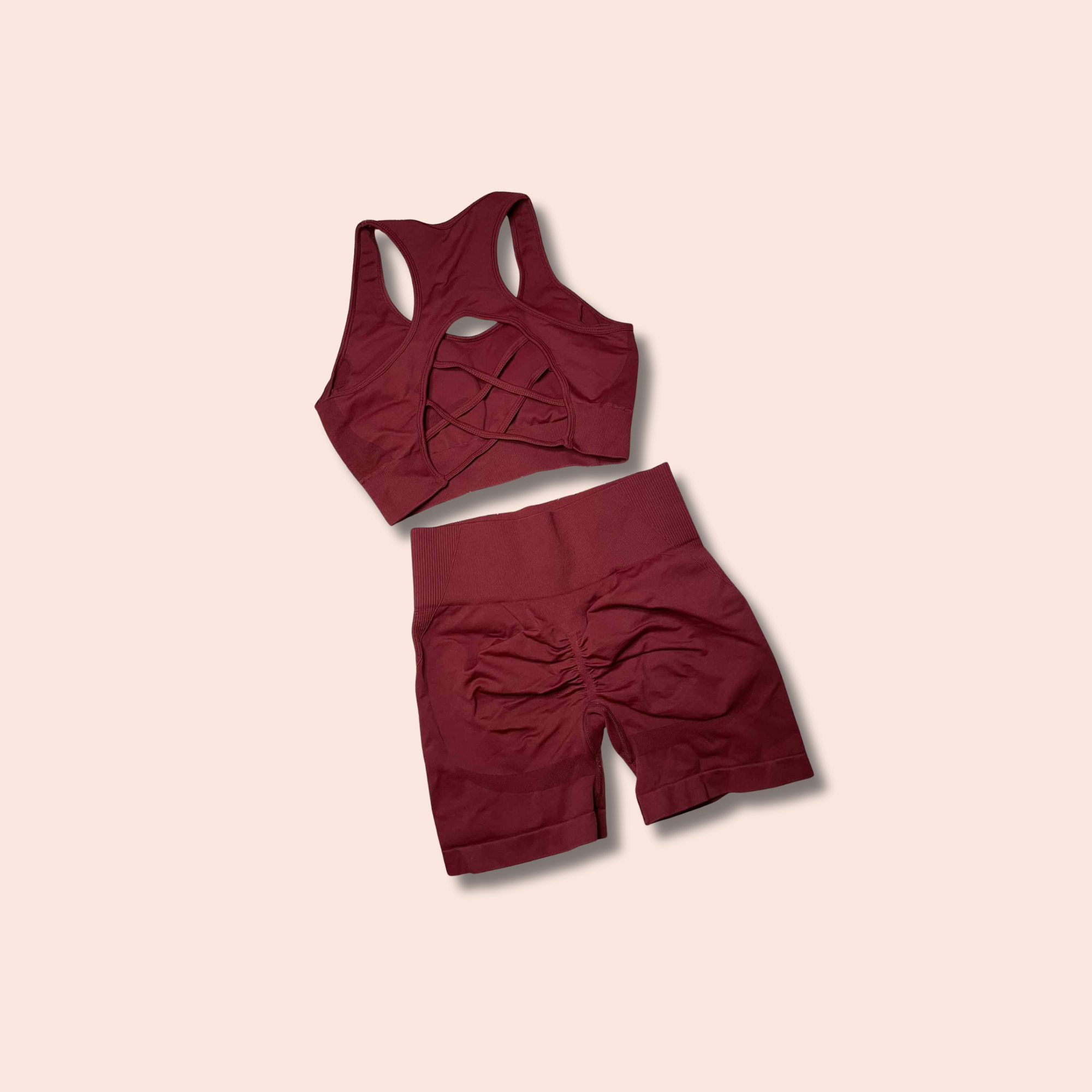 (SIZE LARGE) Seamless Scrunch 2-Piece Set – Wine Red